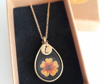 Personalised Marigold Resin Pendant on Gold Chain-Marigold Jewellery-Marigold Gift- Gift for her-Flower Necklace- Flower Pendant-Mothers Day