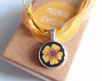 Hand Painted Marigold Resin Pendant on Ribbon And Cord Necklace, Marigold Gift for Her, Mothers Day Gift, Gift for Mum, Flower Pendant