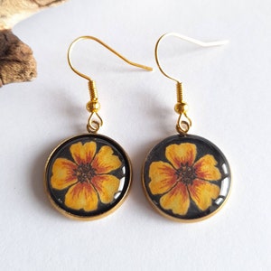 Hand Painted Marigold Resin Drop Earrings, Gold Marigold Earrings, Gift for Her, Silver Marigold Jewellery, Flower Earrings, Gift for Mum