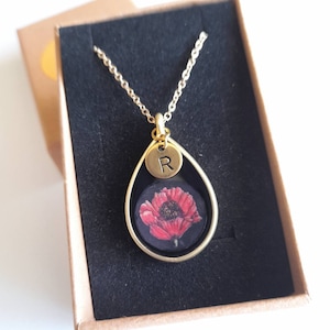 Personalised Hand Painted Poppy Resin Pendant on Gold Chain-Poppy Jewellery-Flower Gift for Her-Flower Necklace-Birthday Gift-Poppy Necklace