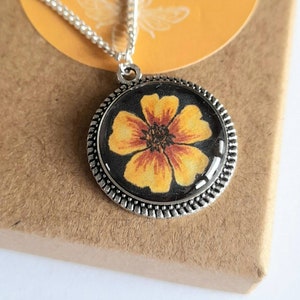 Hand Painted Marigold Resin Pendant on Silver Chain, Tibetan Style Jewellery, Marigold Jewellery, Flower Gift, Gift for Her, Gift for Mum