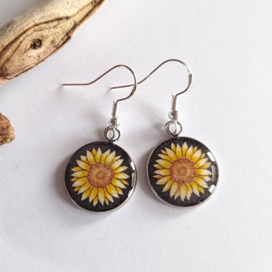 Hand Painted Sunflower Resin Drop Earrings, Flower Jewellery,  Silver Jewellery, Sunflower Gifts, Gift for mum, Gifts for Her, Gold Earrings