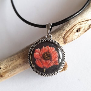 Hand Painted Poppy Pendant Necklace: Tibetan Silver Style, Floral Jewelry
