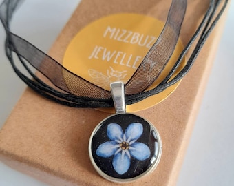 Hand Painted Forget Me Not  Resin Pendant on Ribbon and Cord Necklace, Forget Me Not Jewellery, Birthday Gift For Her, Flower Gift For Mum