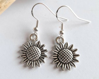 Silver Plated Sunflower Drop Earrings: Hypoallergenic Dangle Jewelry
