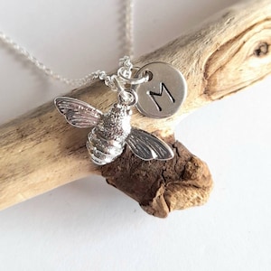 Silver Bee Charm Necklace: Personalised Initial Disc, Dainty Jewellery