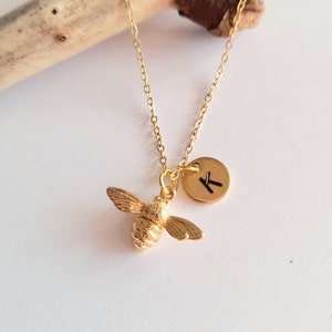 Personalised Gold Bee Charm Necklace, Delicate Bee Charm, Dainty Bee Jewellery, Initial Disc, Gift For Her, Cute Birthday Gift, Bee Gift