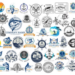 May include: A collection of fishing-themed logos and emblems in various circular and rectangular designs. The images feature anchors, fish, sailboats, and text such as "Fishing Club," "Marine Cruises," and "Best Cruise." The color palette includes blue, white, and black.