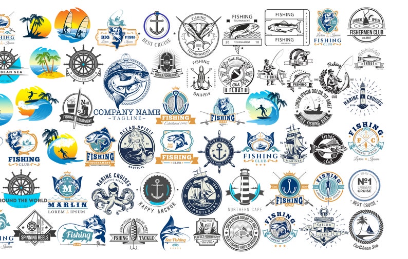 May include: A collection of fishing-themed logos and emblems in various circular and rectangular designs. The images feature anchors, fish, sailboats, and text such as "Fishing Club," "Marine Cruises," and "Best Cruise." The color palette includes blue, white, and black.