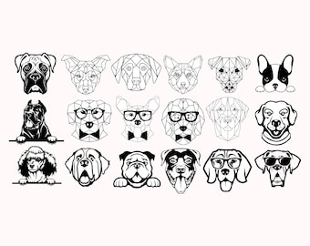 dogs breeds, 18 dogs SVG, vector, editable printable files, dog clipart, dog portrait, pet portrait, dog heads outlines, dog collection, dog