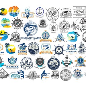 May include: A collection of fishing-themed logos and emblems in various circular and rectangular designs. The logos feature illustrations of fish, anchors, sailboats, and nautical elements, with text such as "Fishing Club" and "Marine Cruises".