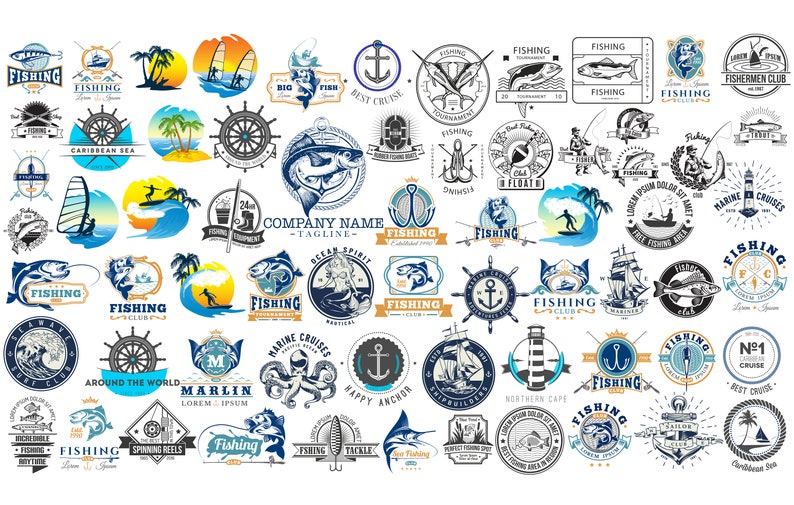 May include: A collection of fishing-themed logos and emblems in various circular and rectangular designs. The logos feature illustrations of fish, anchors, sailboats, and nautical elements, with text such as "Fishing Club" and "Marine Cruises".