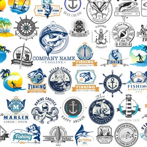 May include: A collection of fishing-themed logos and emblems in various designs. The images feature fish, anchors, sailboats, and text such as "Fishing Club," "Caribbean Sea," and "Happy Anchor." The color palette includes blue, white, and yellow.