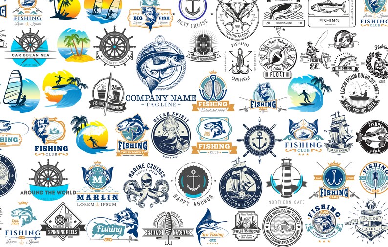 May include: A collection of fishing-themed logos and emblems in various designs. The images feature fish, anchors, sailboats, and text such as "Fishing Club," "Caribbean Sea," and "Happy Anchor." The color palette includes blue, white, and yellow.
