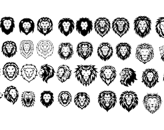 May include: A collection of black and white lion head illustrations. The images showcase various lion faces, including front-facing, profile, and roaring poses. The designs vary in detail, from simple outlines to more intricate depictions.