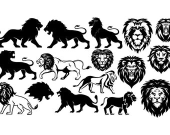 May include: A collection of black and white lion illustrations. The image features various depictions of lions, including full body silhouettes, walking poses, and detailed head portraits. The designs vary in style, from simple outlines to intricate renderings.