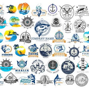 May include: A collection of fishing-themed logos in blue, white, and yellow. Designs include fish, anchors, sailboats, and text such as "Fishing Club," "Marine Cruises," and "Happy Anchor." The logos are circular, rectangular, and badge-shaped.