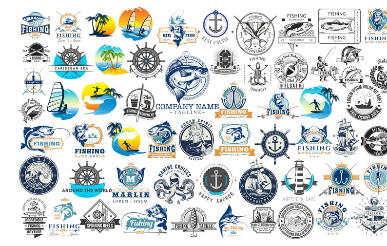 May include: A collection of fishing-themed logos in blue, white, and yellow. Designs include fish, anchors, sailboats, and text such as "Fishing Club," "Marine Cruises," and "Happy Anchor." The logos are circular, rectangular, and badge-shaped.