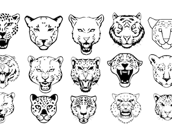 May include: A collection of black and white illustrations of various big cat faces, including leopards and tigers. The images showcase different expressions, with some animals roaring or baring their teeth. The style is bold and graphic, suitable for design projects.