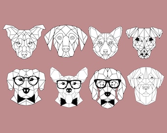 May include: Geometric line art illustrations of eight different dog breeds. The dogs are depicted in black and white, with a polygonal design. Some dogs wear glasses and bow ties. The background is a solid dusty rose color.