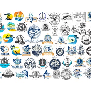 May include: A collection of fishing-themed logos and emblems in various designs. The logos feature illustrations of fish, boats, anchors, and nautical elements, with text such as "Fishing", "Marine Cruises", and "Fishermen Club". The color palette includes blue, white, and orange.