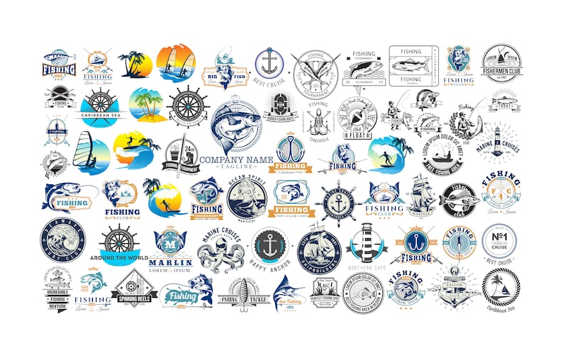 May include: A collection of fishing-themed logos and emblems in various designs. The logos feature illustrations of fish, boats, anchors, and nautical elements, with text such as "Fishing", "Marine Cruises", and "Fishermen Club". The color palette includes blue, white, and orange.