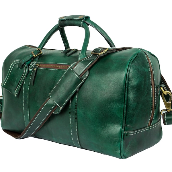 Green Leather Duffle Bag, Leather Weekend Bag, leather Travel Bag, christmas gift for men, christmas gift for him, personalised gift for men