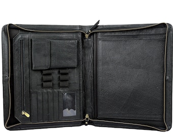 LIFETIME WARRANTY Black Business Leather Portfolio Professional Organizer Gift  Durable Leather Padfolio Easy to Carry Zip Closure