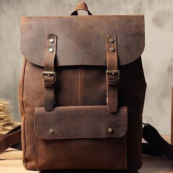 Leather Backpack men leather backpack women Personalized Brown Laptop Backpack,Leather Rucksack,Hiking Travel Gym Backpack Gift for Him her