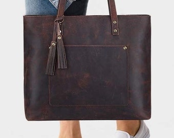 Gran bolso de cuero marrón oscuro, bolso de cuero hecho a mano
