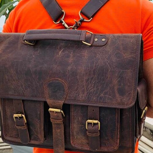 Leather Convertible Backpack Messenger Bag Leather Briefcase Etsy