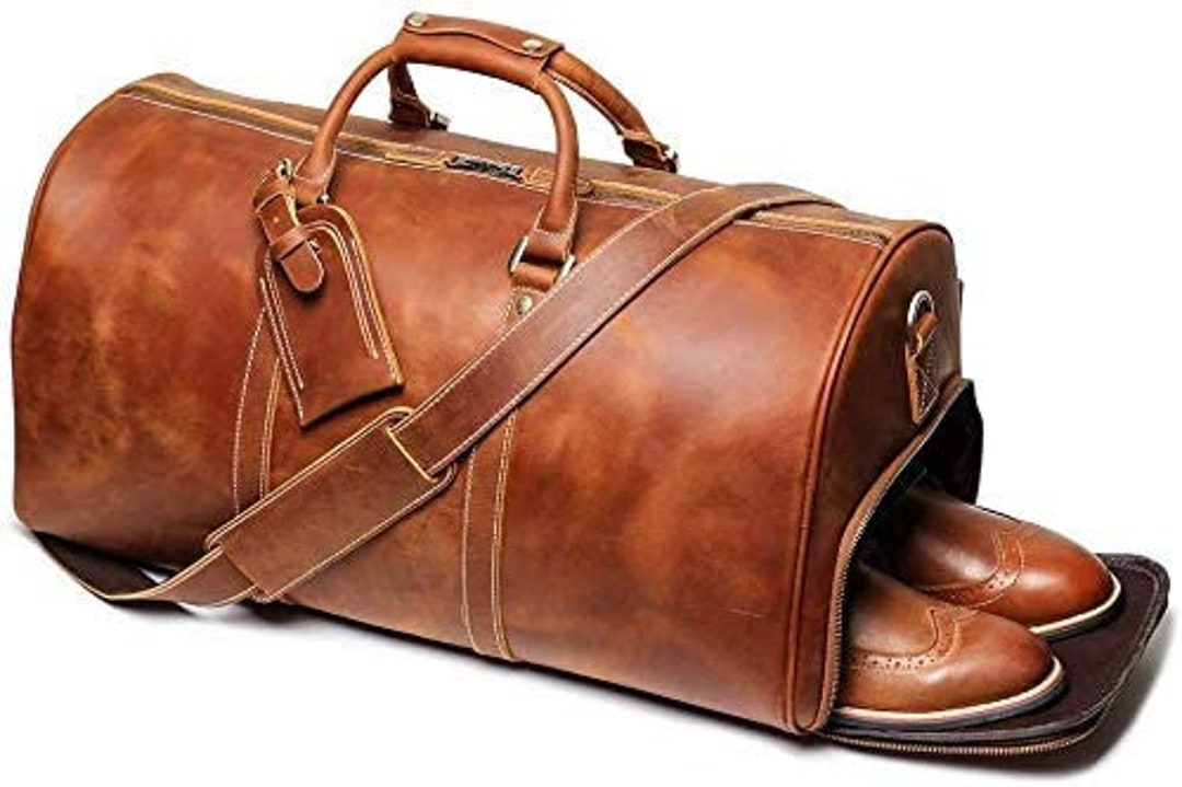 Handmade Leather Duffle Bag With Shoe Compartment Personalized Large Weekend Bag Vacation