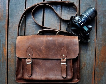 Free Leather Personalised DSLR Camera Bag Camera Satchel Bag Vintage Shoulder Bag Nikon Canon Sony Removable Padding Leather Messenger Bag