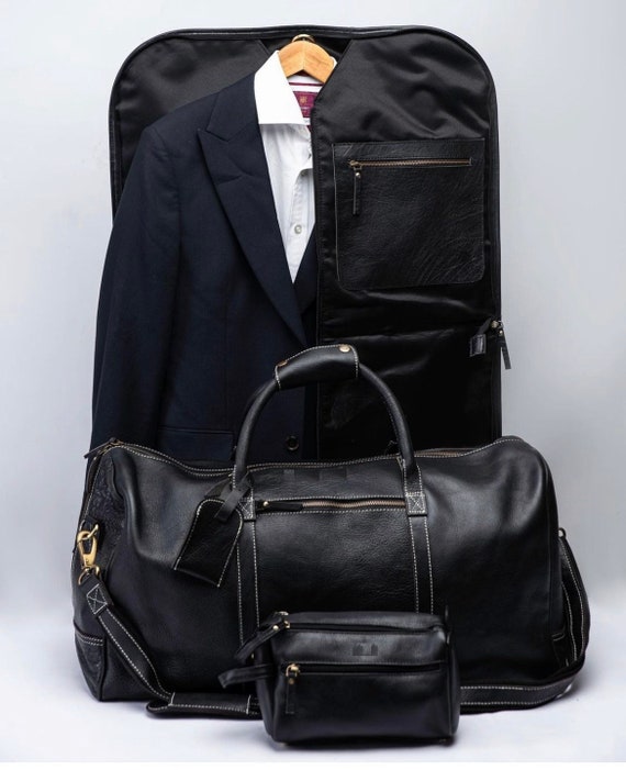 Free Personalized Black Leather Garment Bag Carry-on Garment Bag