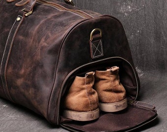 Duffle Bag en cuir fait à la main avec compartiment à chaussures Grand sac de week-end personnalisé Vacances Vacances Sac de voyage Meilleurs hommes Cadeau Garçons d’honneur Cadeau