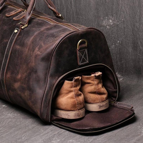 Duffle Bag en cuir fait à la main avec compartiment à chaussures Grand sac de week-end personnalisé Vacances Vacances Sac de voyage Meilleurs hommes Cadeau Garçons d’honneur Cadeau