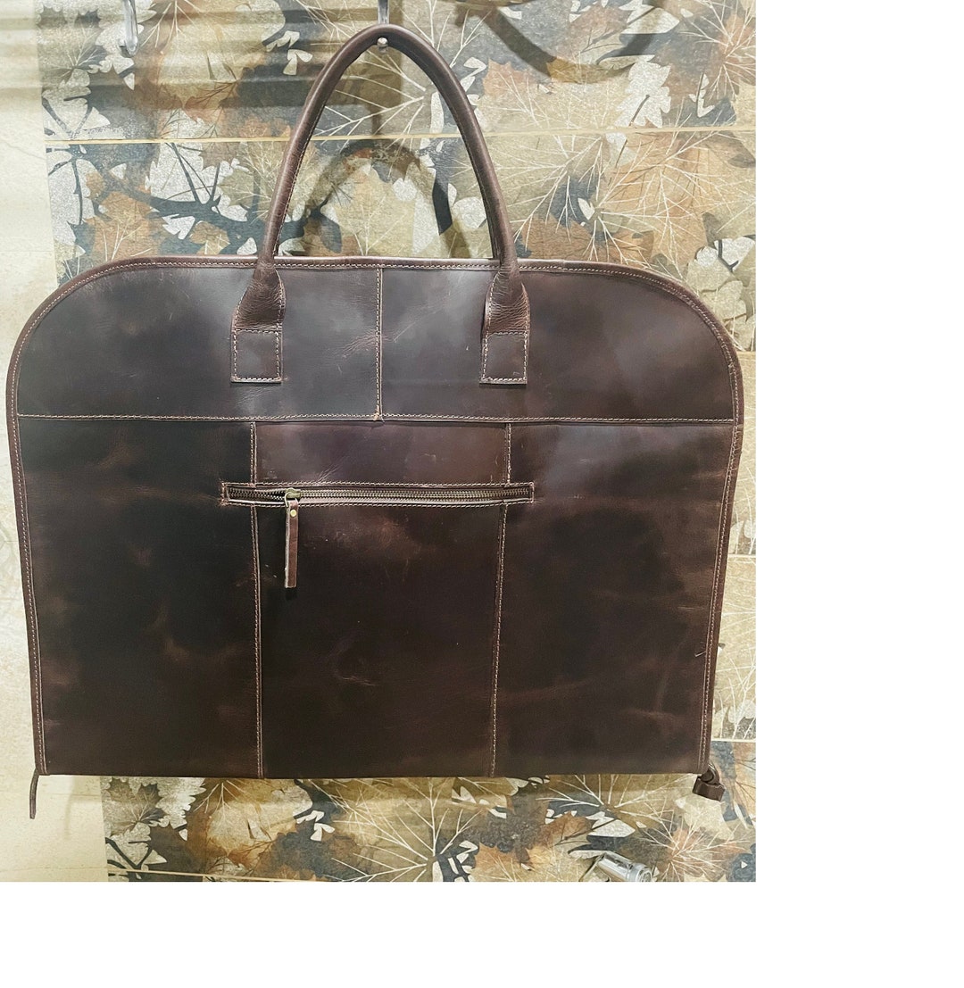 Handcrafted Full Grain Leather Travel Suit Bag Interior Pocket Garment