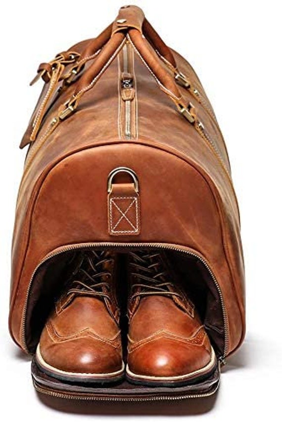 Handmade Leather Duffle Bag With Shoe Compartment Personalized