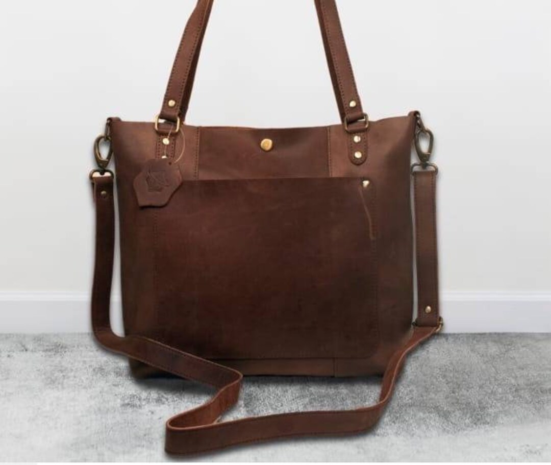Brown Full Grain Leather Big Shopper Bag Retro Tote Purse