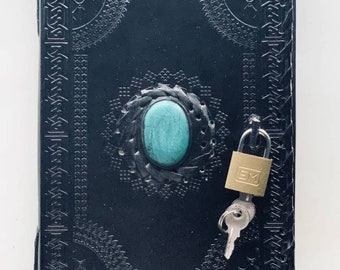 Black leather grimoire spell book embossed journal with single stone lock and key Coptic bound journal Handmade Notebook Journal diary gift