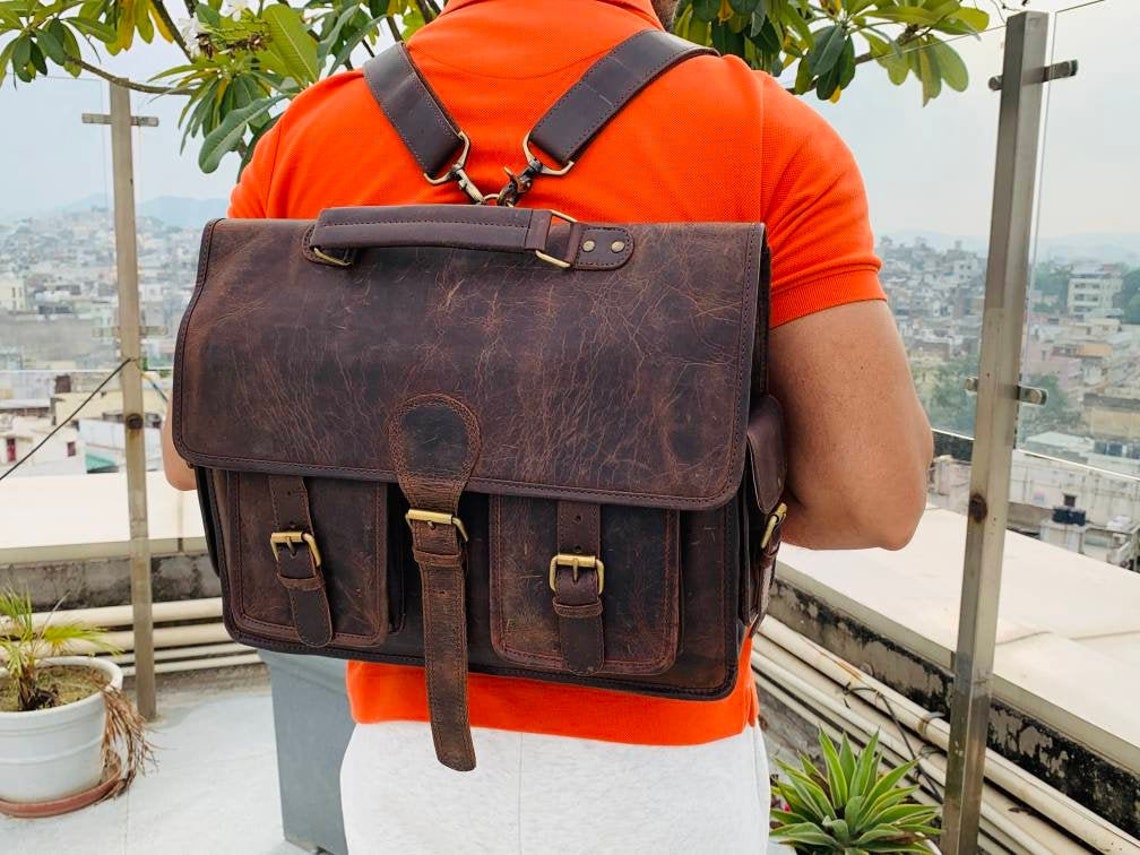 Leather Convertible Backpack Messenger Bag Leather Briefcase Etsy
