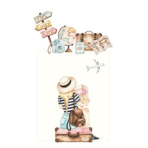 Peut inclure: Une illustration aquarelle d'une femme aux cheveux blonds portant un chapeau de paille et une chemise à rayures. Elle est assise sur une valise avec une carte à la main. Il y a des objets sur le thème du voyage en arrière-plan, notamment un globe terrestre, une valise et un avion.
