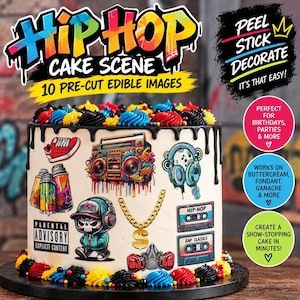 May include: A white cake decorated with 10 edible hip-hop themed images including a boombox, headphones, cassette tapes, a gold chain, spray paint cans, a sneaker, and a skull character. The cake features black icing drips and colourful frosting.