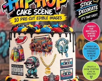 May include: A white cake decorated with 10 edible hip-hop themed images including a boombox, headphones, cassette tapes, a gold chain, spray paint cans, a sneaker, and a skull character. The cake features black icing drips and colourful frosting.
