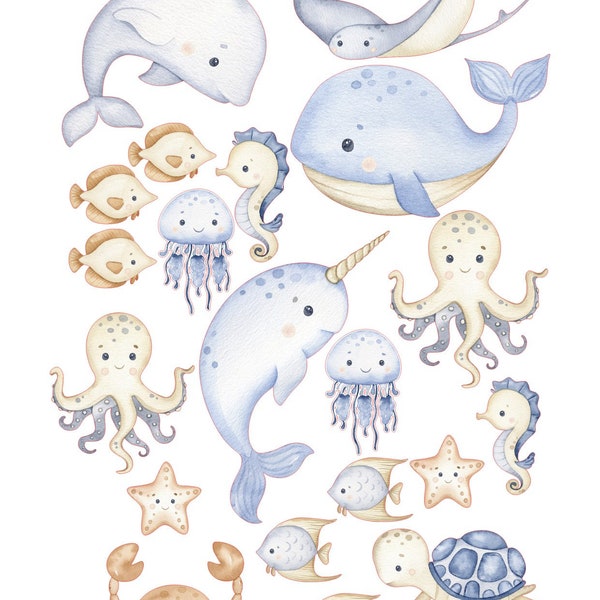 Baby Blue Under the Sea Cake Scene, Pre-Cut Ocean Edible Image Toppers, Ocean Animals cake, Under the Sea Topper