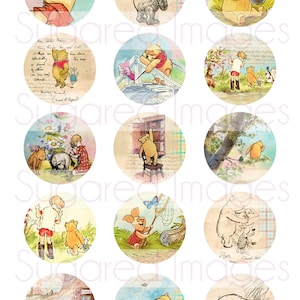 May include: A selection of circular illustrations depicting Winnie-the-Pooh and friends. The images show scenes such as Pooh with honey, Piglet with a butterfly net, and Pooh with a letter. The illustrations have a vintage, storybook aesthetic.
