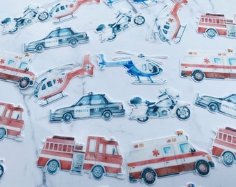 Pack of 20 wafer die cut Emergency Vehicles, Police car Toppers, Fire Engine Topper, Edible cupcake toppers