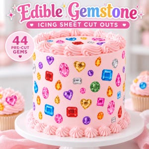 May include: A pink frosted cake decorated with 44 edible gemstone icing sheet cut outs in various shapes and colors including red, blue, yellow, purple, and green. The text Edible Gemstone Icing Sheet Cut Outs is displayed above.