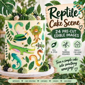May include: A cylindrical cake decorated with edible reptile-themed images including snakes, lizards, and crocodiles, topped with green frosting swirls. The text reads: Reptile Cake Scene, 24 Pre-Cut Edible Images, Peel & Stick, No Trimming Required, Perfect for Home Bakers, Turn a simple cake into something amazing!, Birthdays, Cake Creations, Cupcakes, Cookies, and More!