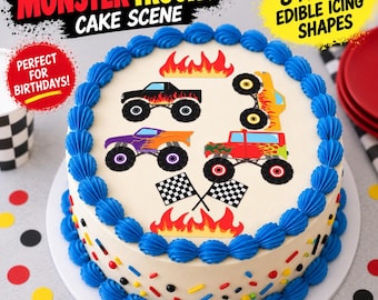 Essbare Monster-Truck-Kuchendekoration – 8 vorgeschnittene Zuckerguss-Aufleger – Rennwagen-Flammen-Geburtstagskuchen-Szene